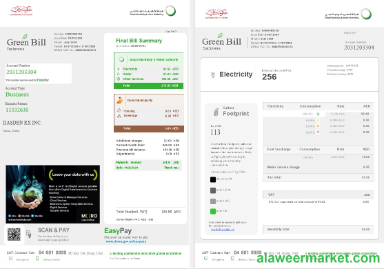 United Arab Emirates Dubai Green business utility bill template in Word and PDF formats, fully editable 1-2